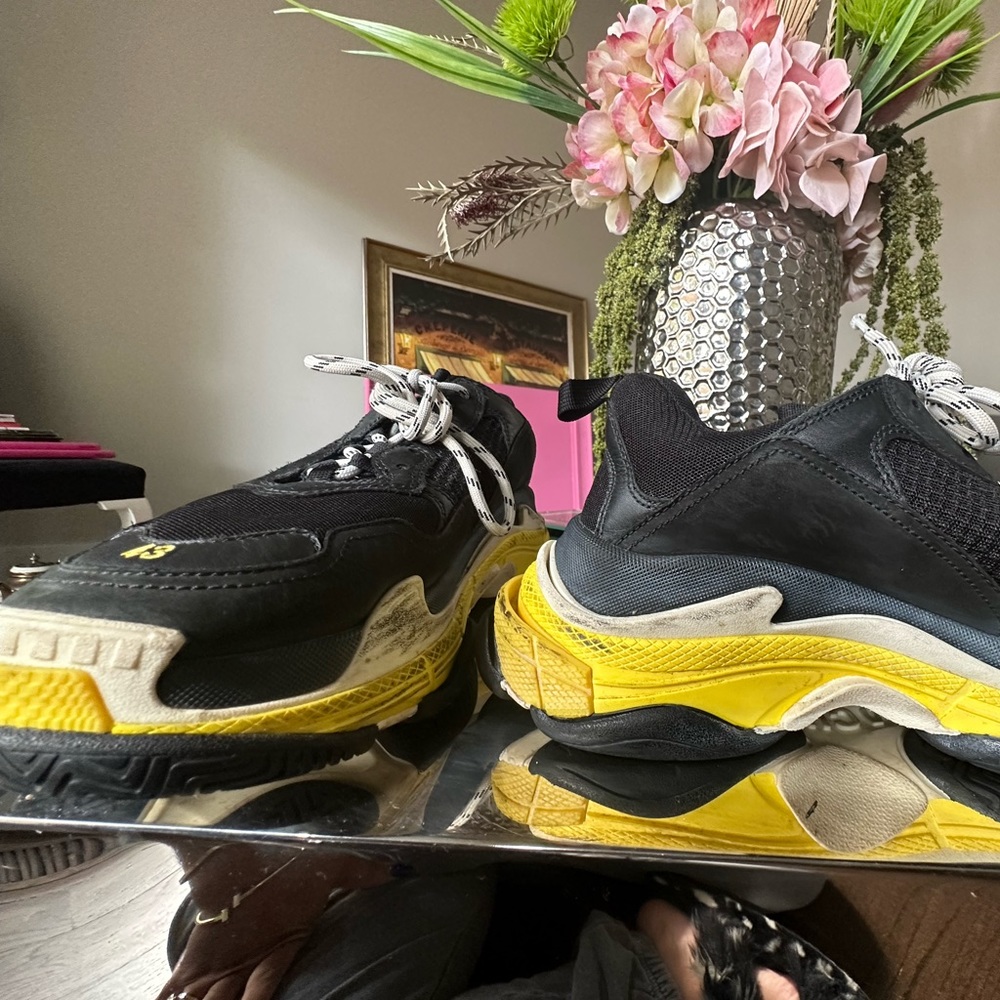 BALENCIAGA, Fabric Mesh Mens Triple S Sneakers 40 Black Yellow - Picture 3 of 9